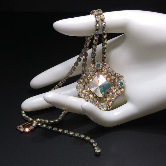 Vintage AB Rivoli Crystal Rhinestone Pendant Necklace, 1950s - Picture 1 of 10